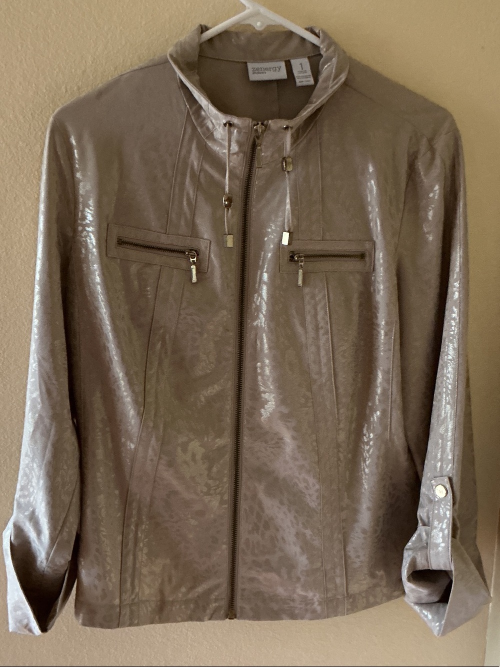 Zenergy by Chicos Shiny Taupe Zip-Front Jacket